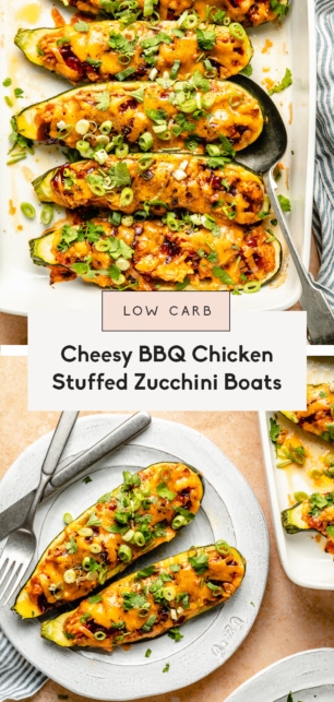 collage of bbq chicken stuffed zucchini boats