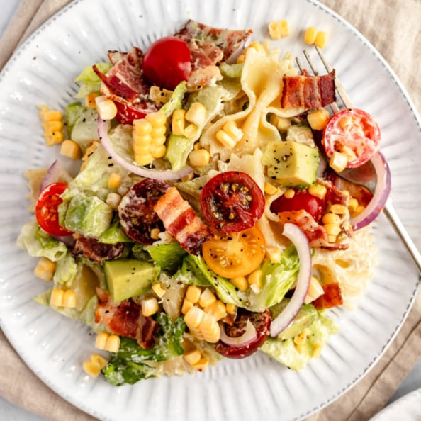 the best BLT pasta salad on a plate
