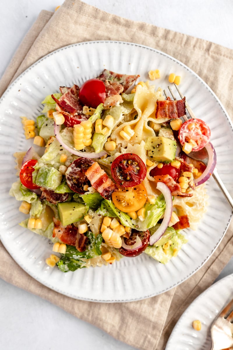 the best BLT pasta salad on a plate