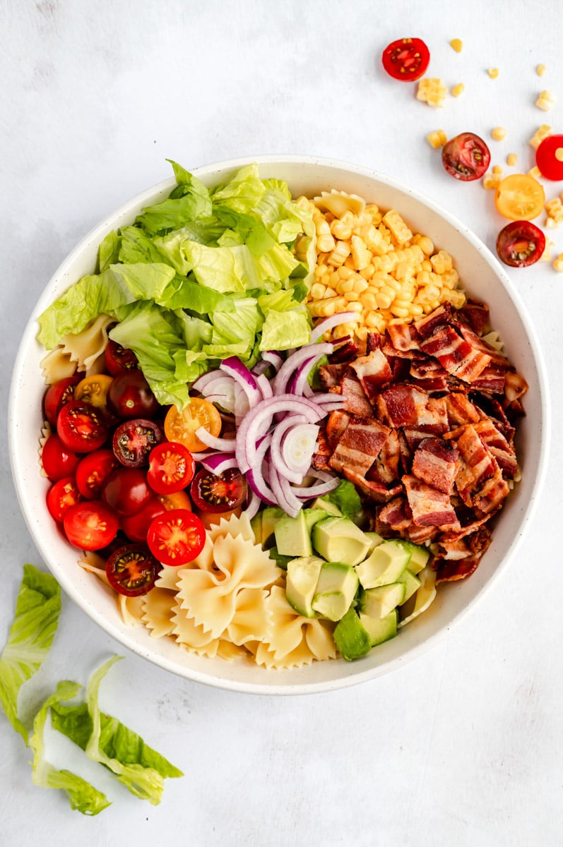 ingredients for dairy free BLT pasta salad in a bowl