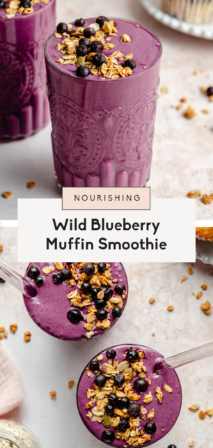 collage of a blueberry muffin smoothie