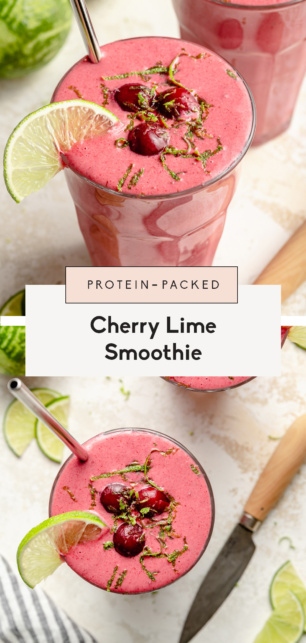 collage of a cherry lime smoothie