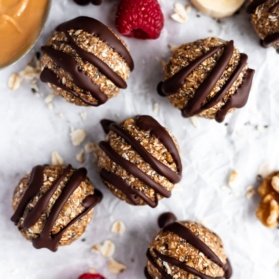 chia banana bread energy bites drizzled with chocolate