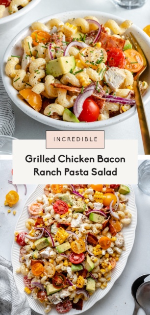 collage of a chicken bacon pasta salad