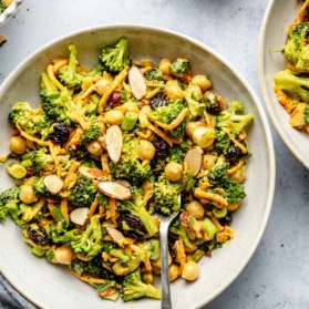 broccoli chickpea salad in a bowl