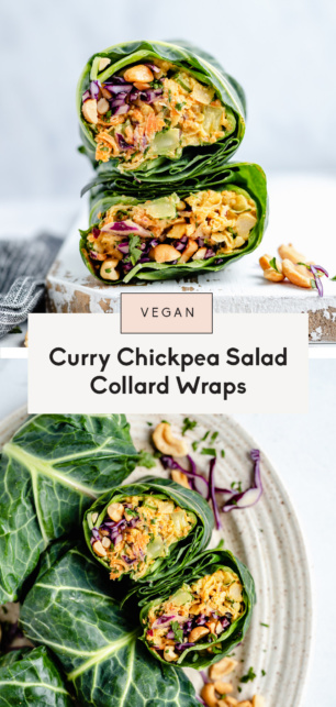 collage of curry chickpea collard wraps