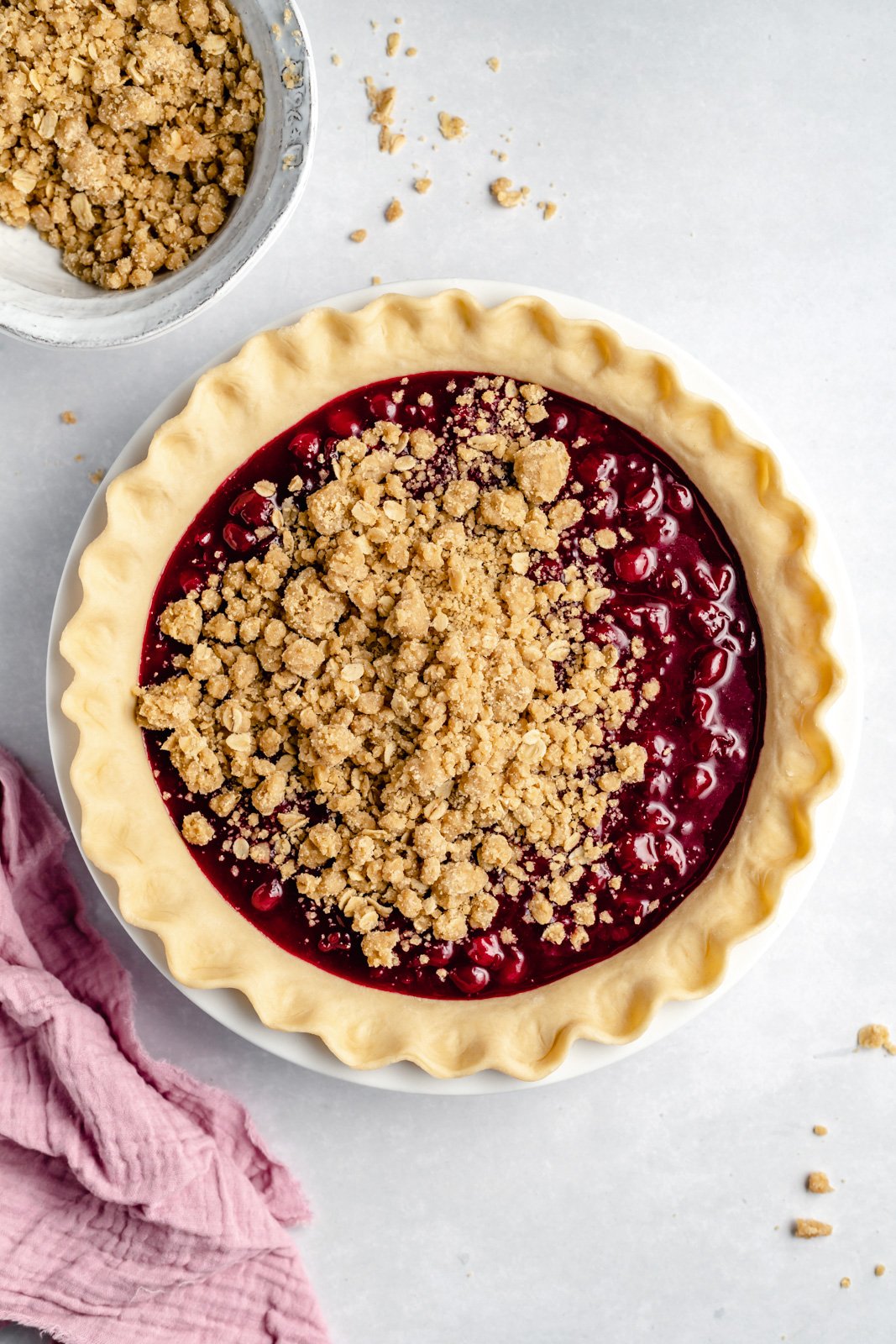 unbaked tart cherry pie with dutch topping