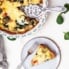 low carb spinach and goat cheese quiche with sweet potato crust in a pie pan and on a plate