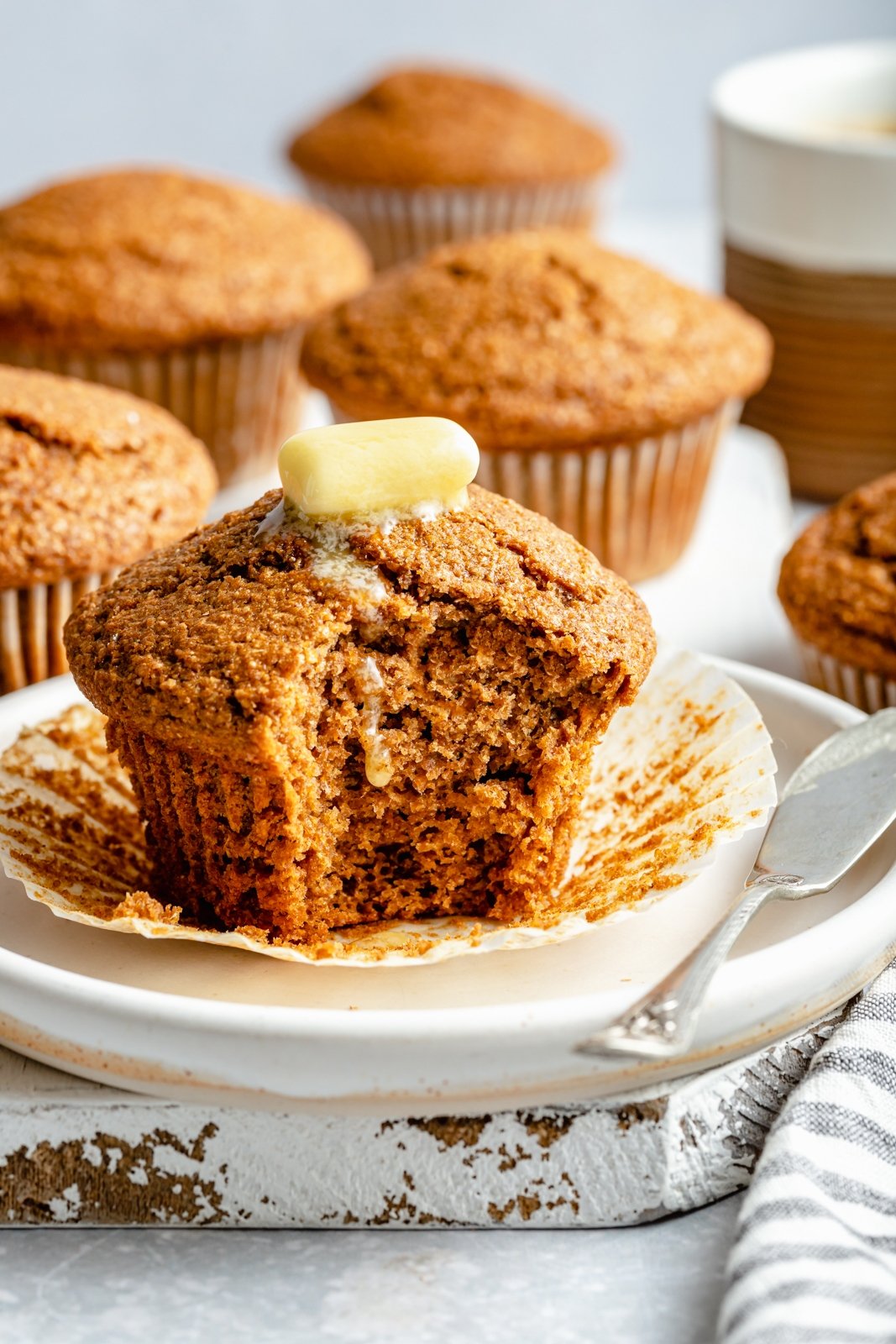 healthy bran muffin with a bite taken out