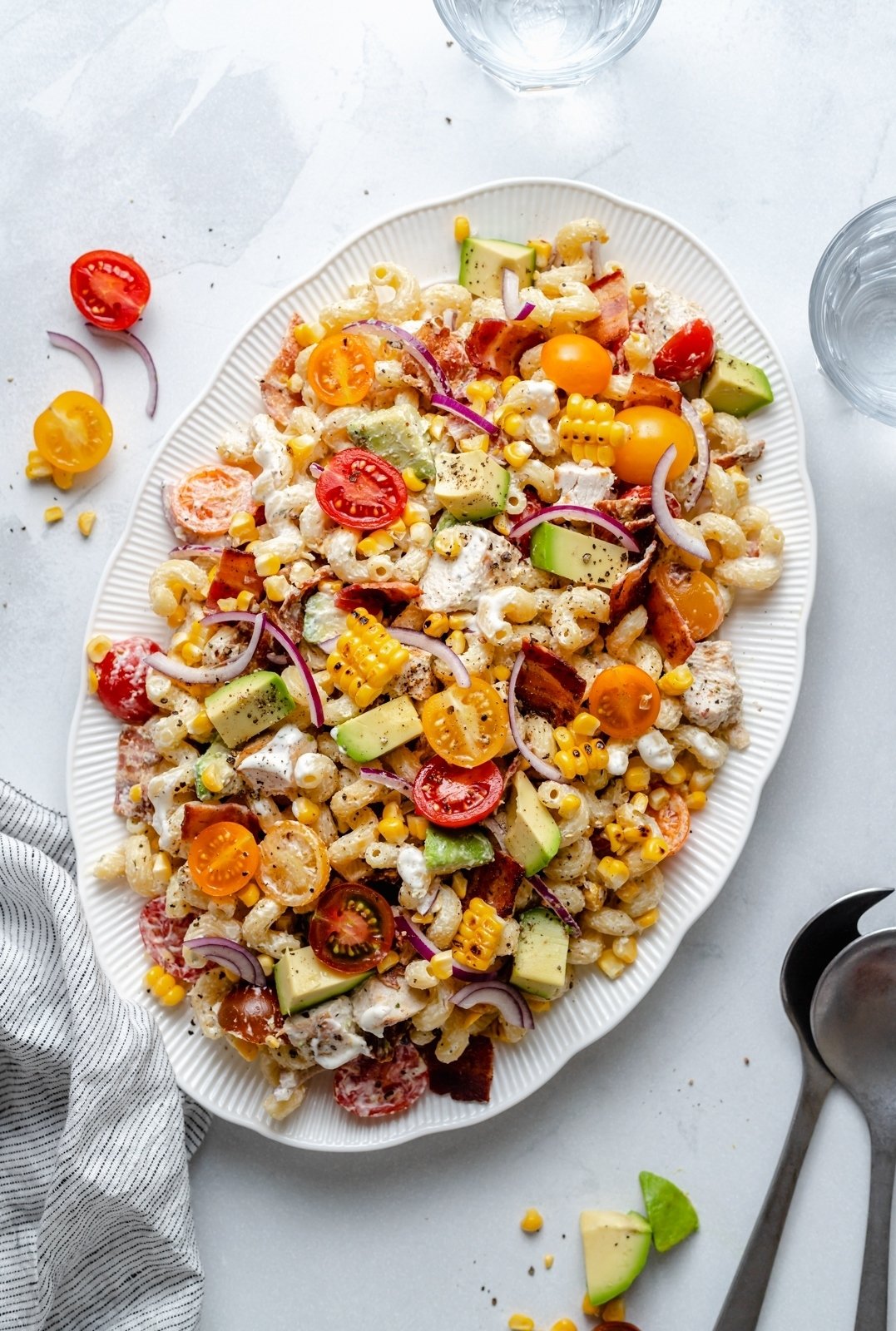 healthy chicken bacon pasta salad on a platter