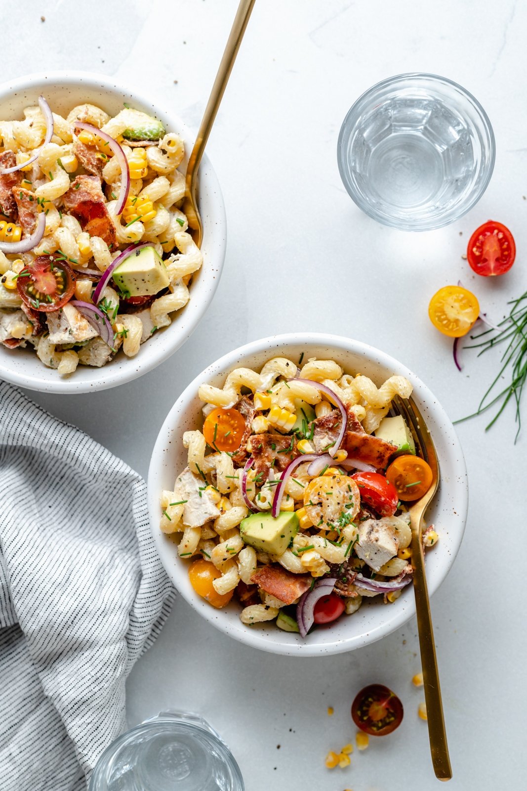 chicken bacon pasta salad in two bowls