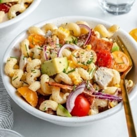 grilled chicken bacon pasta salad in a bowl
