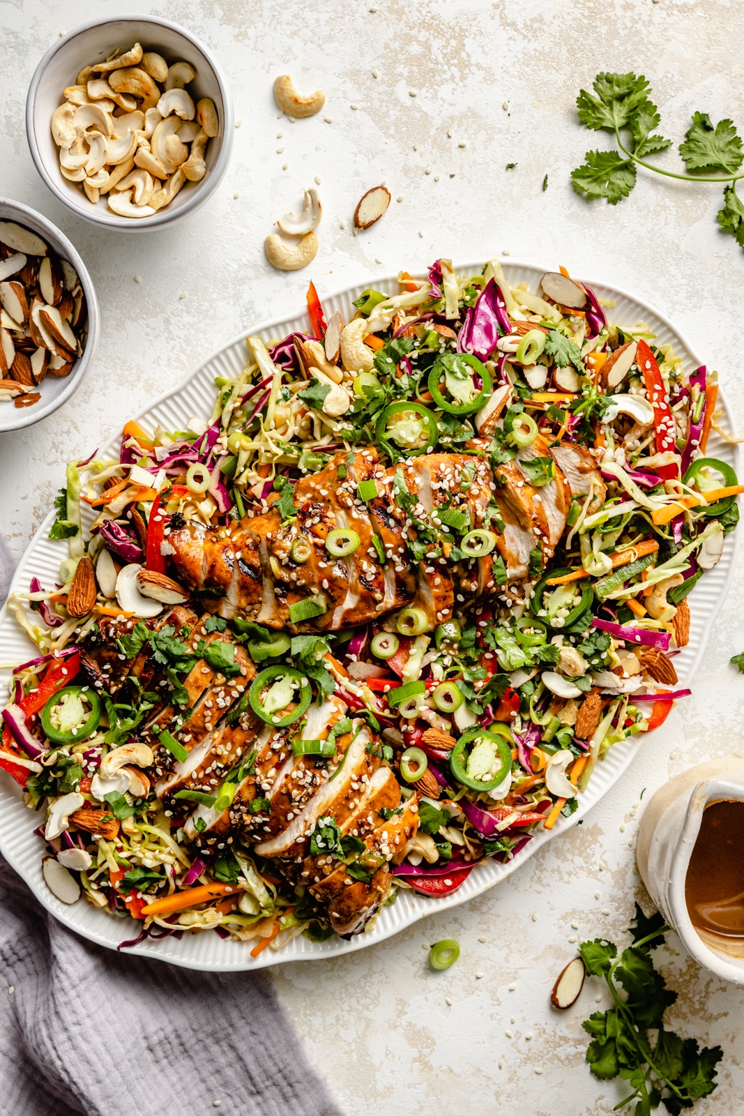 Asian sesame chicken salad on a platter
