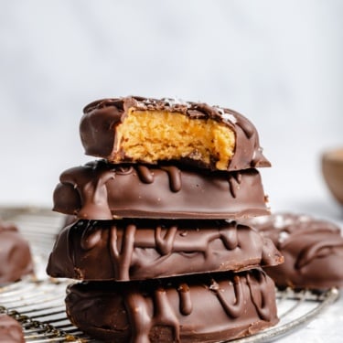 healthy peanut butter eggs in a stack