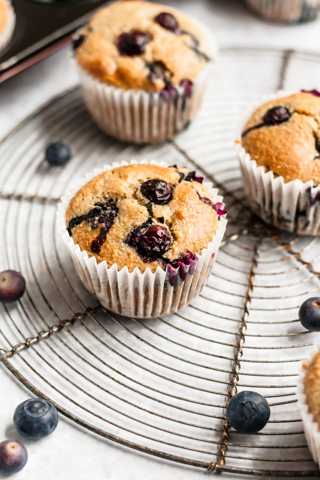 healthy blueberry muffins on a round wire rack with extra blueberries