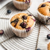 healthy blueberry muffins on a round wire rack