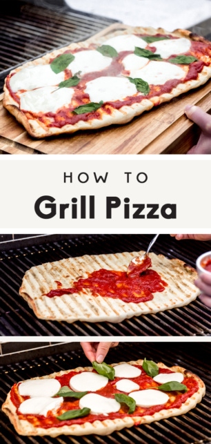 collage of how to grill pizza with text overlay