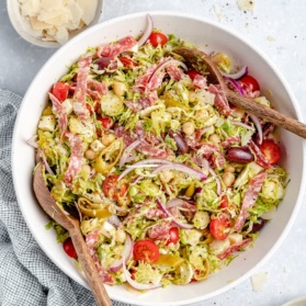 italian chopped salad with brussels sprouts in a bowl