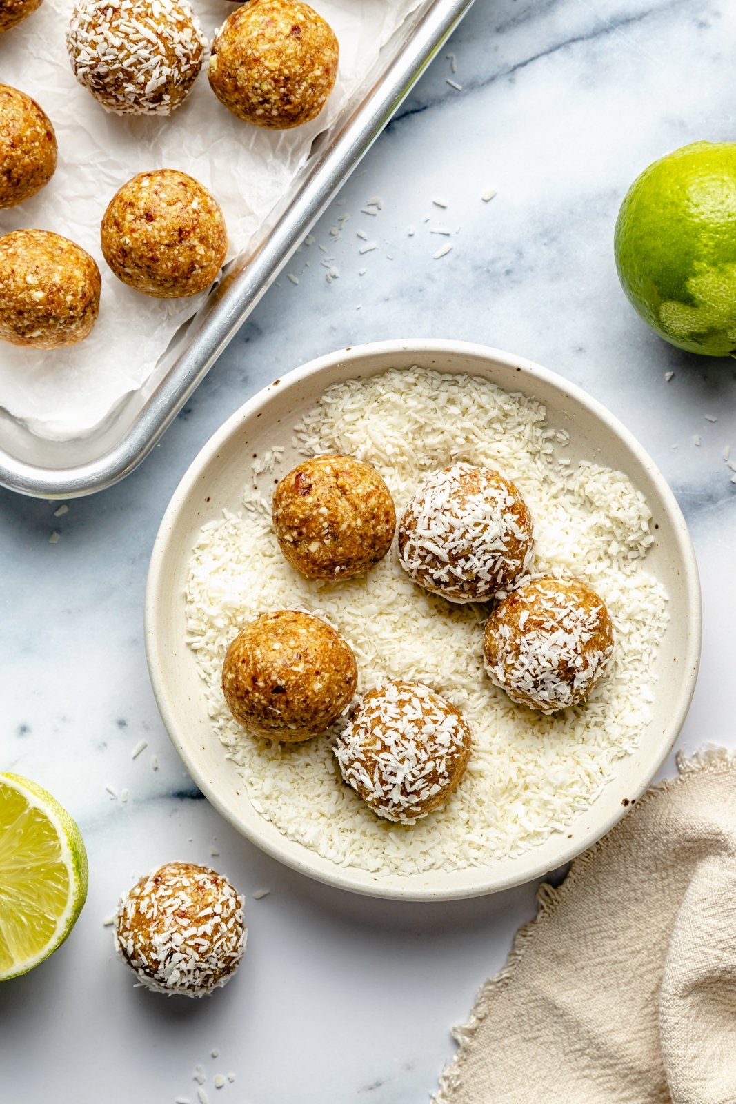 no bake key lime pie energy bites rolled in coconut