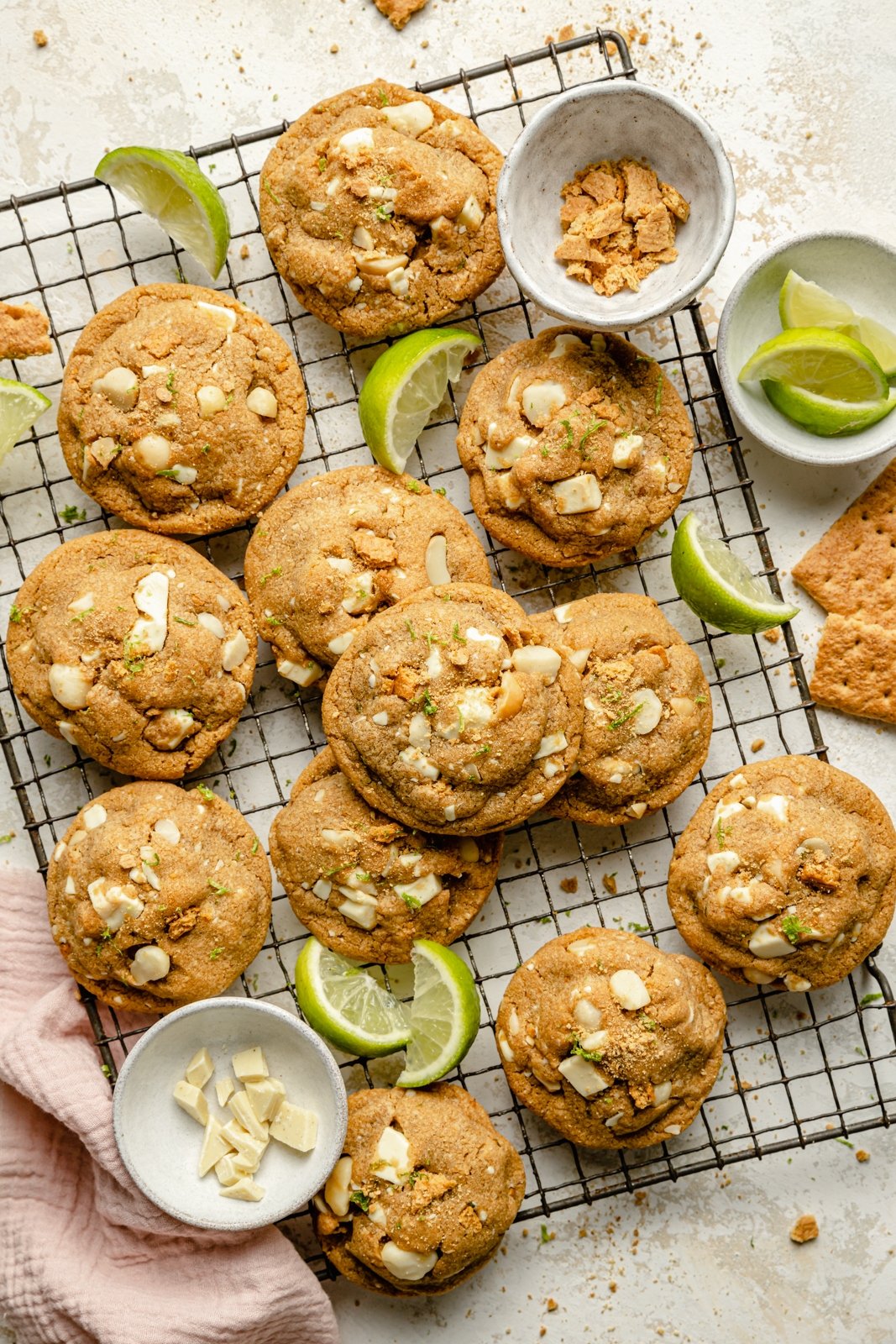 key lime white chocolate cookies on a wire rack