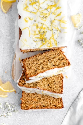 healthy lemon poppy seed bread cut into slices