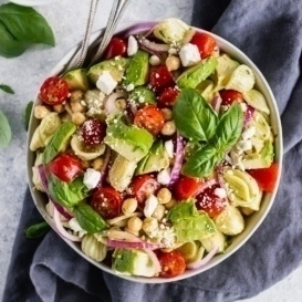 chickpea pasta salad in a bowl
