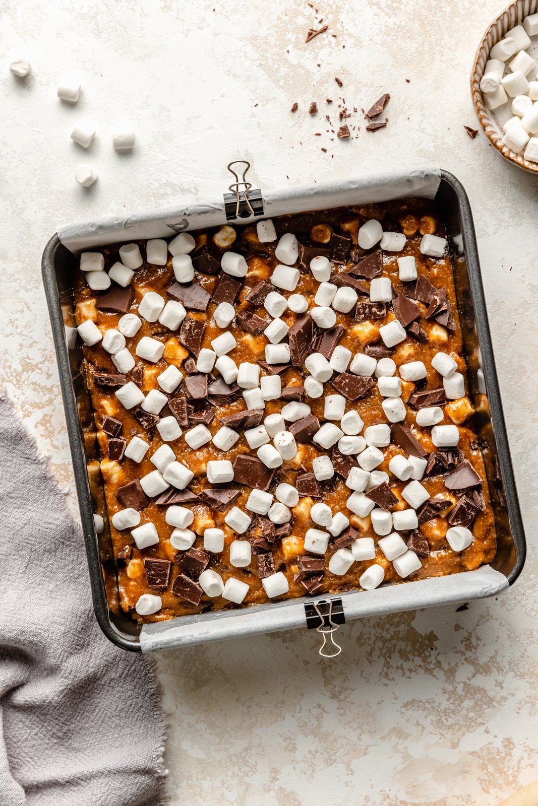 unbaked tahini s'mores bars in a pan