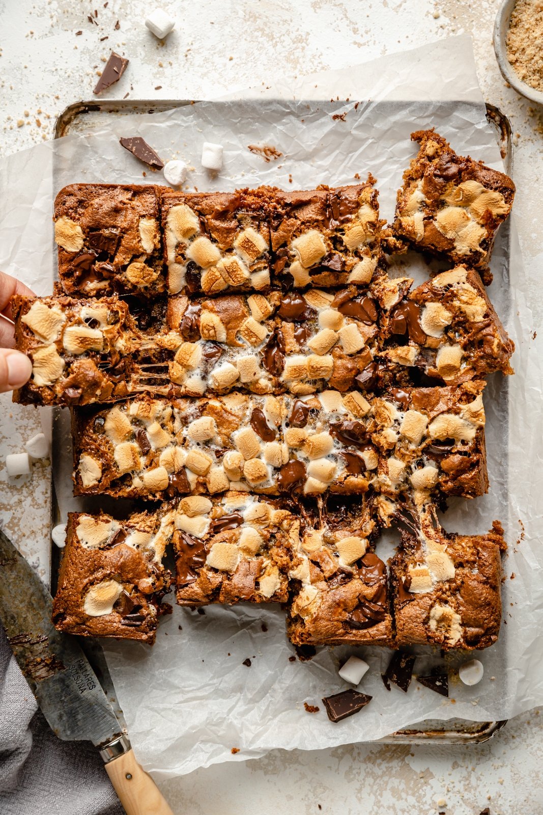 dairy free s'mores bars sliced on parchment paper