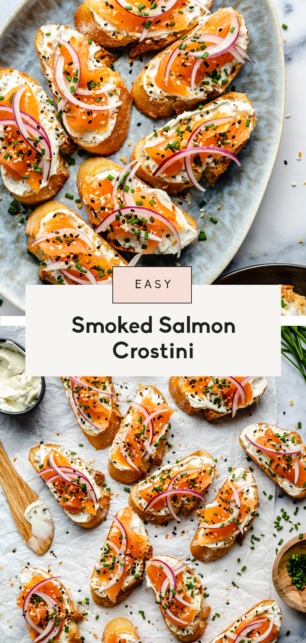 collage of smoked salmon crostini