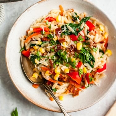 garlic parmesan orzo pasta in a bowl with veggies and a spoon