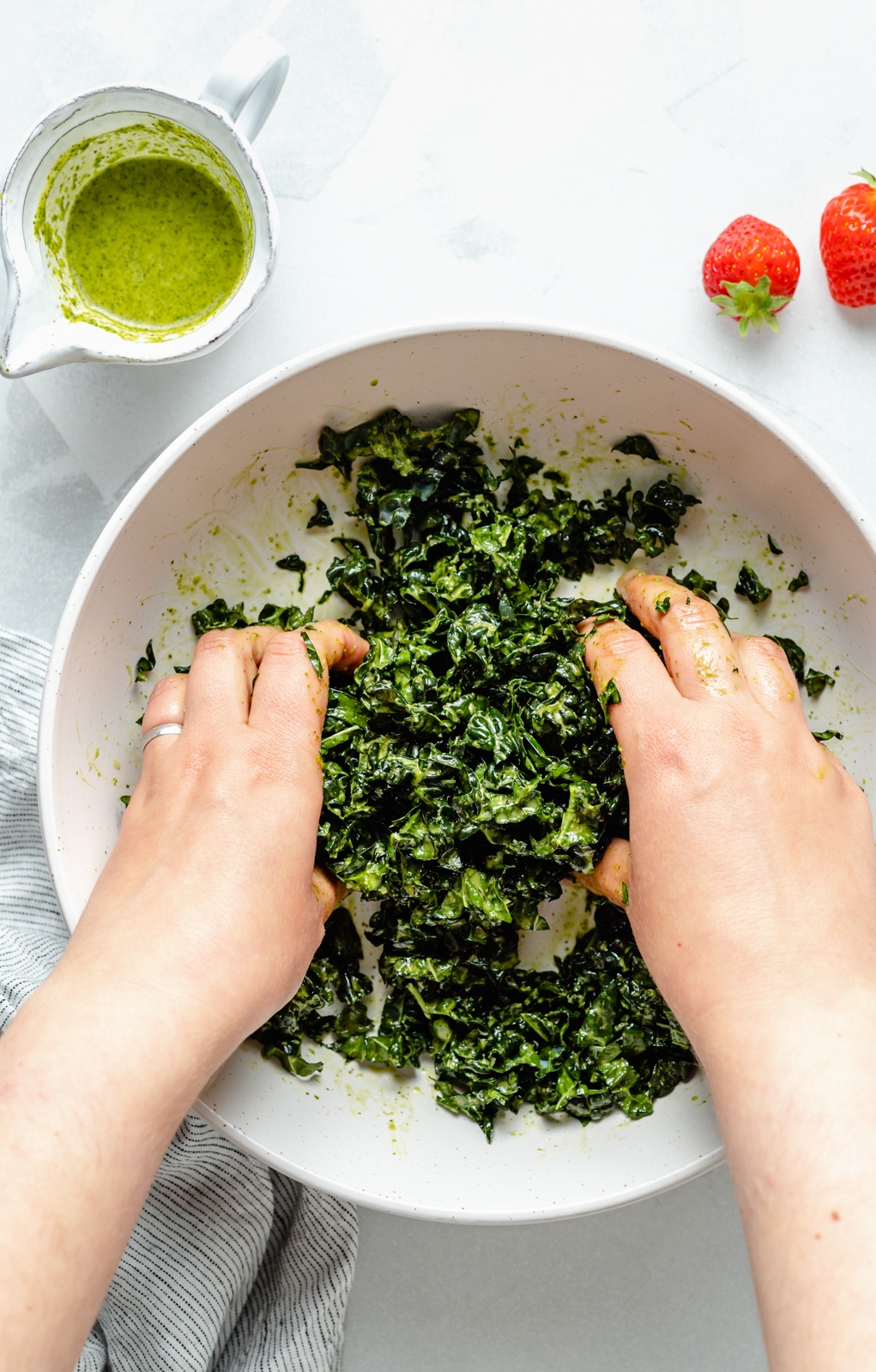 massaging kale with cilantro lime dressing