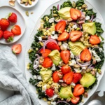 summer kale salad on a platter with strawberries and avocado