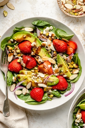 strawberry spinach salad in a bowl