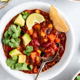 the best vegetarian chili recipe in a bowl with toppings