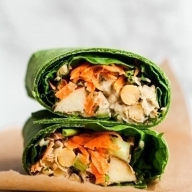 Vegan Pecan Apple Chickpea Salad Wraps with a creamy maple dijon tahini dressing. Takes 15 minutes to make and no cooking involved, making this a great recipe for healthy lunches and parties! Enjoy the salad in your favorite wrap, on toast, as-is or even in lettuce cups!