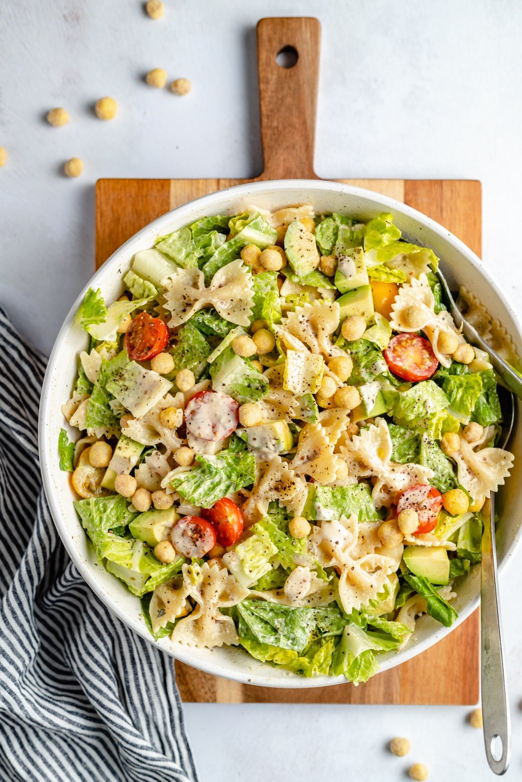 creamy vegan caesar pasta salad in a bowl