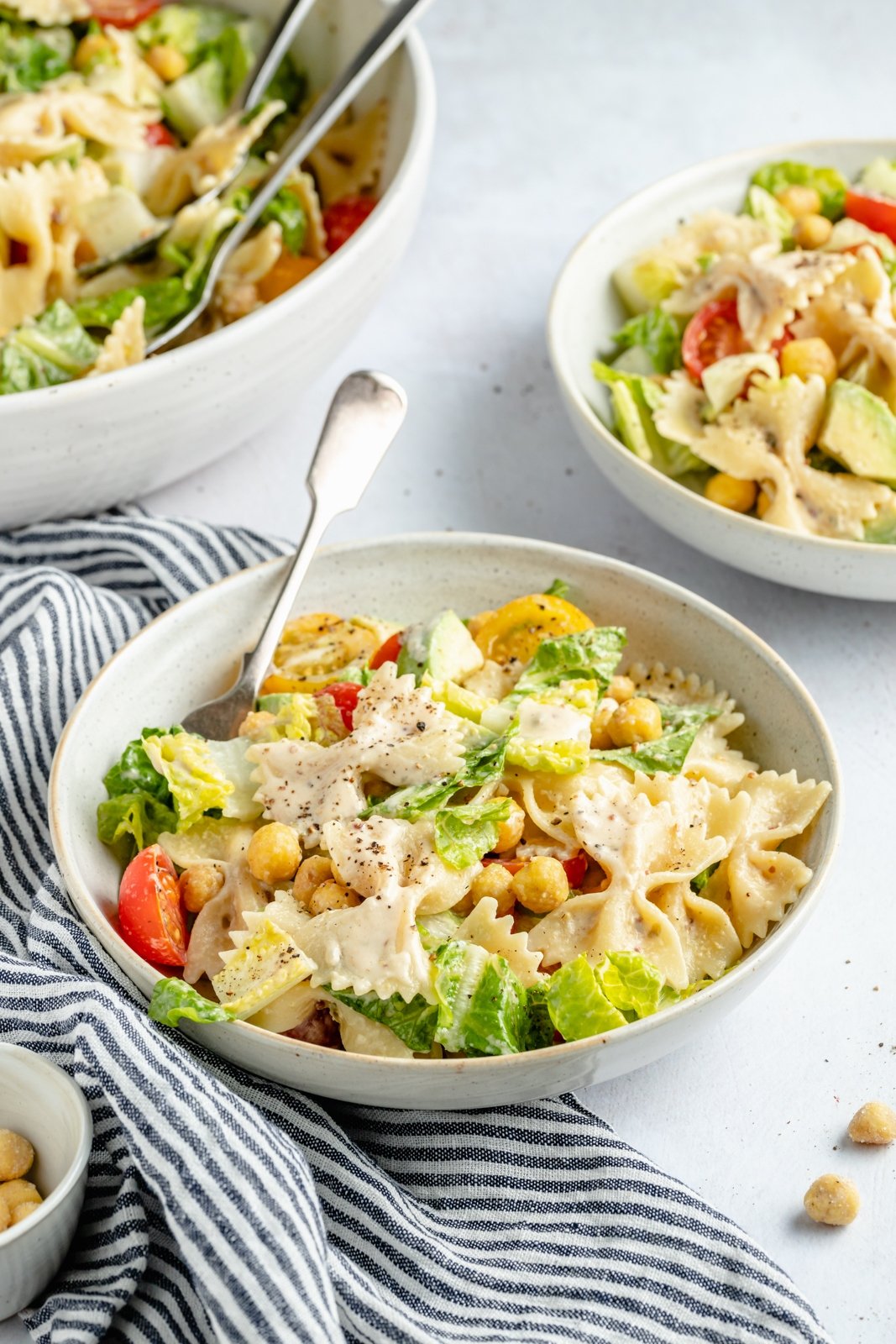 easy vegan caesar pasta salad in a bowl