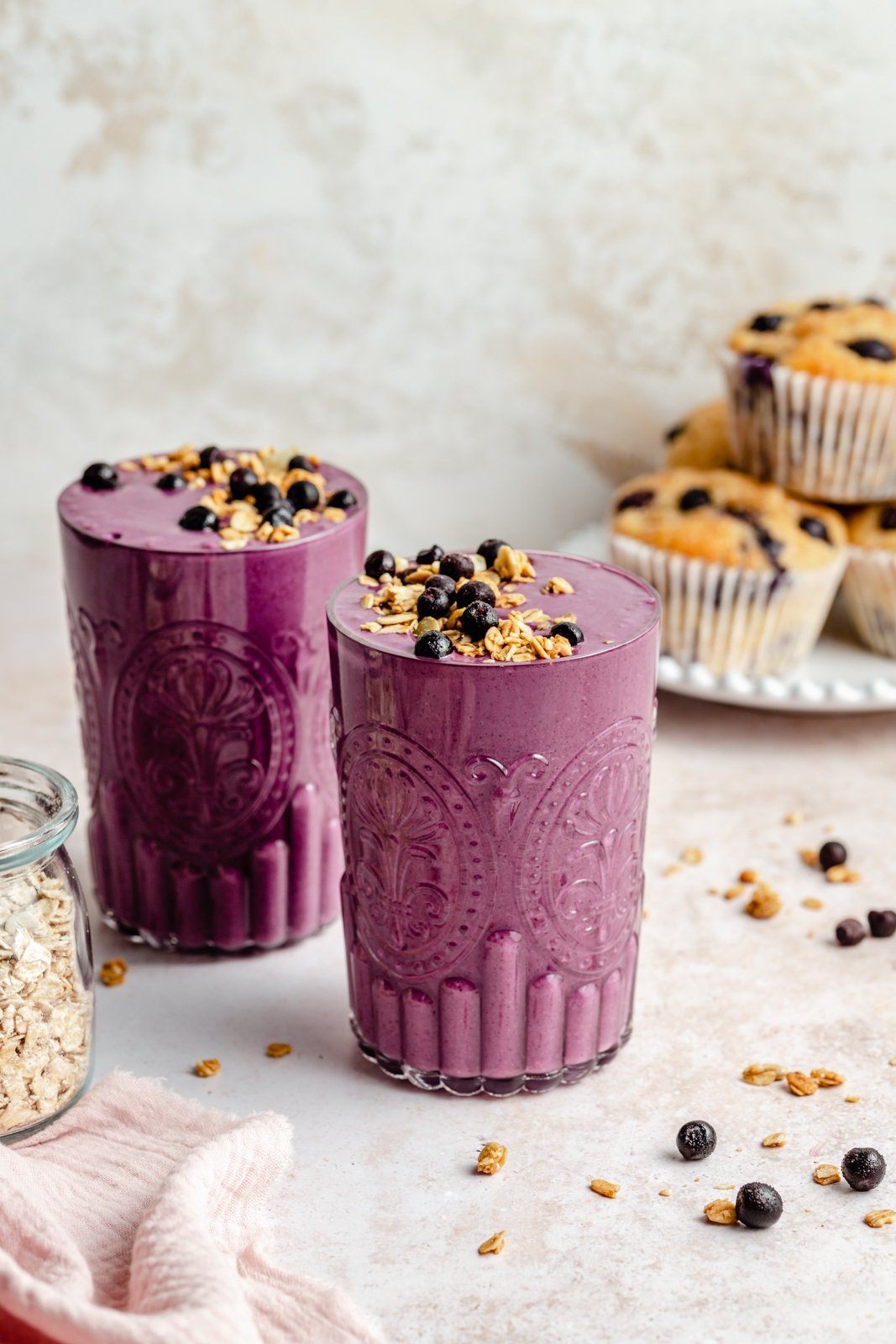 healthy blueberry smoothie in two glasses